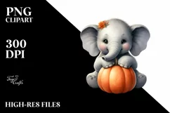 Funny Cute Baby Elephant with Pumpkin | Clipart Product Image 1
