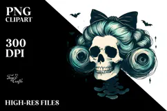 Retro Skull with Hair and Bow PNG Product Image 2