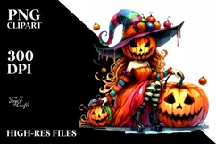 Vibrant Witch Halloween Pumpkin Watercolor | Sublimation | Product Image 1