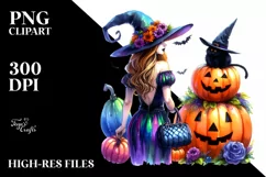 Vibrant Witch Halloween Pumpkin Watercolor | Sublimation | Product Image 3
