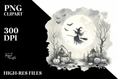 Vintage Halloween Scene with Witch, Transparent PNG Product Image 1