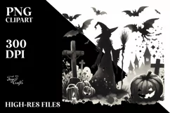Vintage Halloween Scene with Witch, Transparent PNG Product Image 1