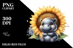 Funny Cute Baby Hippo with Sunflower | Clipart Product Image 1