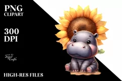 Funny Cute Baby Hippo with Sunflower | Clipart Product Image 1