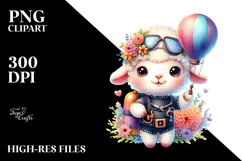 Smiling Lamb with Hot Air Balloon PNG Product Image 2