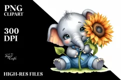 Funny Cute Baby Elephant Holding Sunflower | Clipart Product Image 1