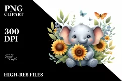 Funny Cute Baby Elephant Holding Sunflower | Clipart Product Image 1