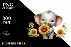 Funny Cute Baby Elephant Holding Sunflower | Clipart Product Image 1