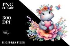 Cute Boho Hippo on Flower, PNG Product Image 2