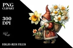 Watercolor Gnome with Narcissus Bouquet and Small Basket Product Image 1