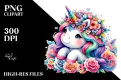 Cute Dressed Unicorn with Floral Wreath PNG Product Image 2