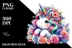 Cute Dressed Unicorn with Floral Wreath PNG Product Image 2