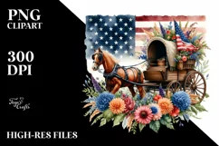 Watercolor Vintage Horse Wagon USA Flag Flower Clipart Product Image 1
