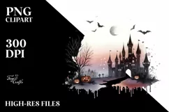 Washed Watercolor Style Halloween Castle PNG Product Image 1