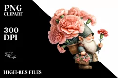 Detailed Watercolor Gnome Carrying Carnation Bouquet | Product Image 3