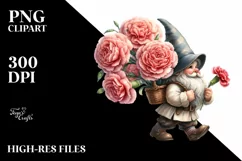 Detailed Watercolor Gnome Carrying Carnation Bouquet | Product Image 3