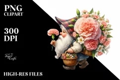 Detailed Watercolor Gnome Carrying Carnation Bouquet | Product Image 1