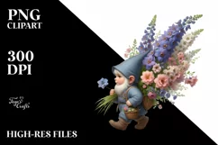 Detailed Digital Painting Gnome Carrying Delphinium Bouquet Product Image 1