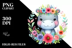 Colorful Cute Hippo Floral | Sublimation | Clipart Product Image 1