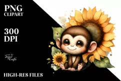 Funny Baby Monkey Sunflower Scene | Sublimation | Clipart Product Image 1