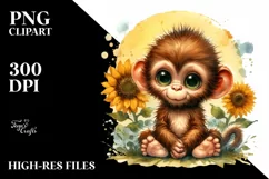 Funny Baby Monkey Sunflower Scene | Sublimation | Clipart Product Image 1