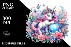 Colorful Baby Unicorn Playing with Magic Orb PNG Product Image 1