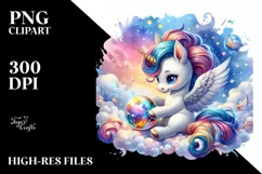 Colorful Baby Unicorn Playing with Magic Orb PNG Product Image 1