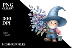 Watercolor Baby GNOME with Big Hat, Lobelia Bucket PNG Product Image 2