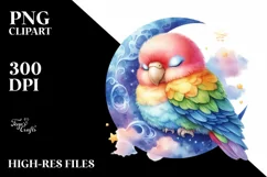 Colorful Cute Baby Parrot Sleeping on the Moon | Sublimation Product Image 1