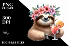 Watercolor Young Sloth Enjoying Cocktail | Summer Clipart Product Image 3