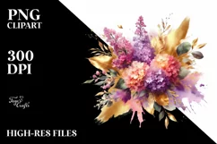 Vibrant Bouquet with Gold Foil Lilac | Sublimation | Clipart Product Image 1