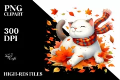 Colorful Cute Cat with Autumn Leaves, Transparent PNG Product Image 1