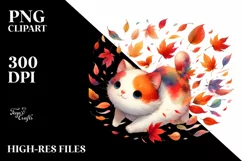 Colorful Cute Cat with Autumn Leaves, Transparent PNG Product Image 1