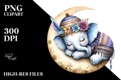 Boho Summer Baby Elephant Sleeping on Moon PNG Product Image 2