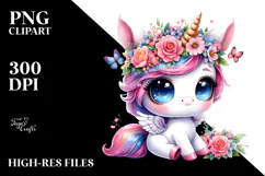 Cute Baby Unicorn with Floral Wreath PNG Product Image 2