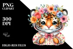 Smiling Baby Tiger Dressed in Whimsical Flowers | Clipart Product Image 3