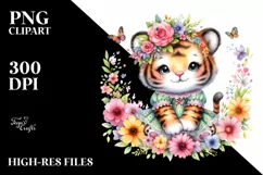 Smiling Baby Tiger Dressed in Whimsical Flowers | Clipart Product Image 3