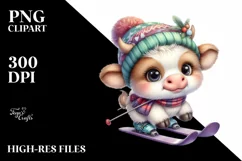 Watercolor Baby Cow Playing Skiing Product Image 1