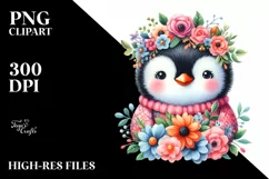Smiling Baby Penguin Dressed in Whimsical Flowers | Clipart Product Image 3