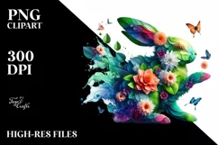 Abstract Bunny with Plant Leaves and 3D Flowers PNG Product Image 3