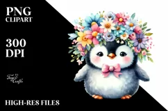 Smiling Baby Penguin Dressed in Whimsical Flowers | Clipart Product Image 1