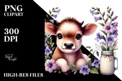 Smiling Baby Highland Cow, Lobelia Floral Frame PNG Product Image 2