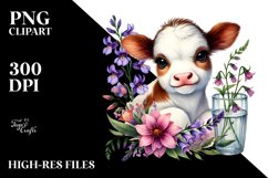 Smiling Baby Highland Cow, Lily Floral Frame PNG Product Image 2