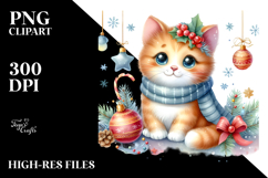 cute Watercolor Cat with Christmas Decorations, Transparent Product Image 2