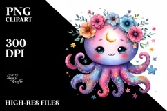Cute Baby Octopus Whimsical Moon Flowers | Sublimation Product Image 1