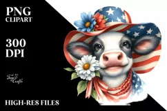 Cow Portrait Wearing USA Flag Colors Sun Hat | Clipart Product Image 3