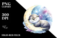 Cute Baby Otter Sleeping on the Moon PNG Product Image 2