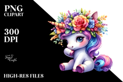 Cute Unicorn Playing with Floral Wreath PNG Product Image 2