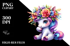 Cute Unicorn Playing with Floral Wreath PNG Product Image 2