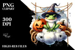 Watercolor Halloween Frog Sitting on Cloud PNG Product Image 2